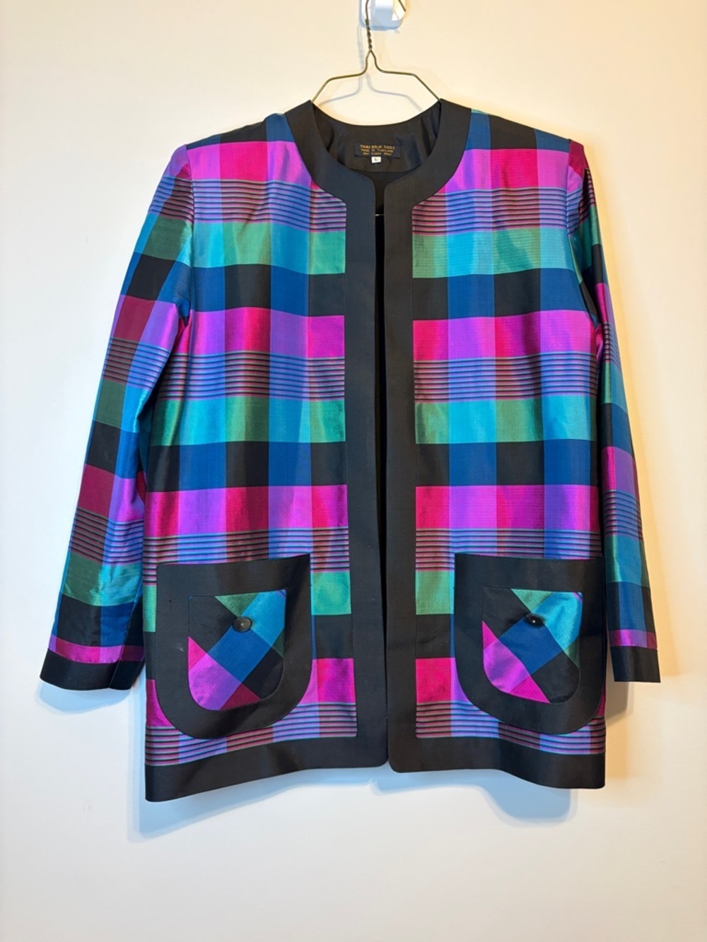 100% Thai Silk Colorblock Plaid Open-Front Blazer in Purple & Teal
